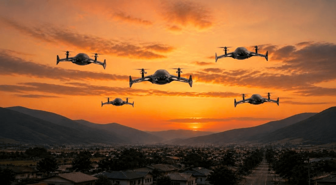 Concept render of Starwingi hybrid drones flying over a town at sunset